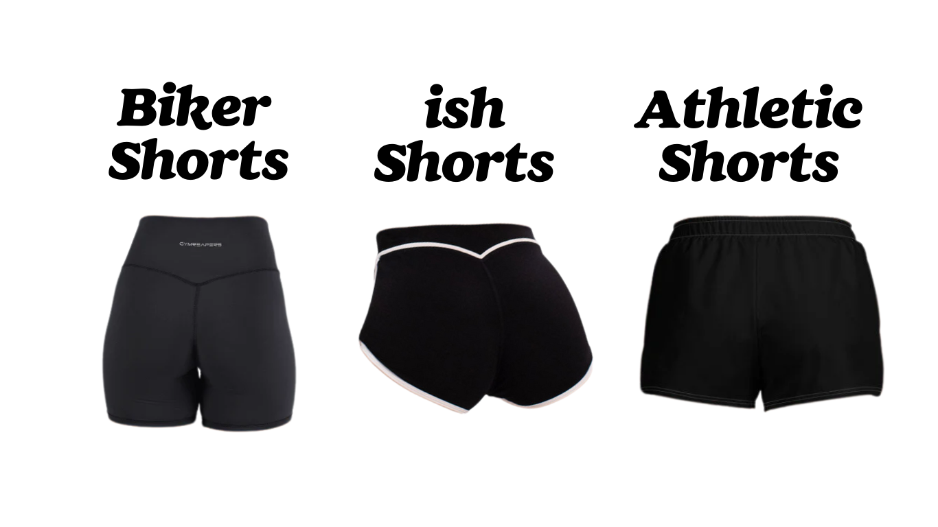 Three pairs of black shorts labeled 'Biker Shorts', 'ish Shorts', and 'Athletic Shorts' on a white background.